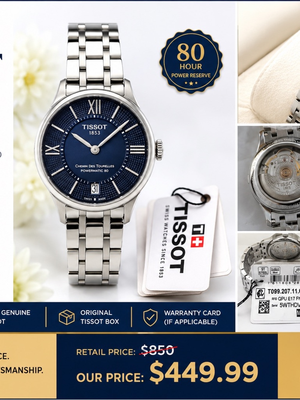 Tissot Men’s Silver Stainless Steel Watch with Blue Dial